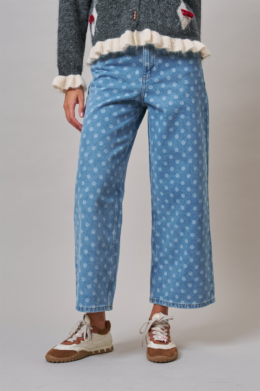 Polka Dot Wide Leg Barrel Jeans Light Wash Denim in Denim - Women's Casual Pants | Urban Daizy