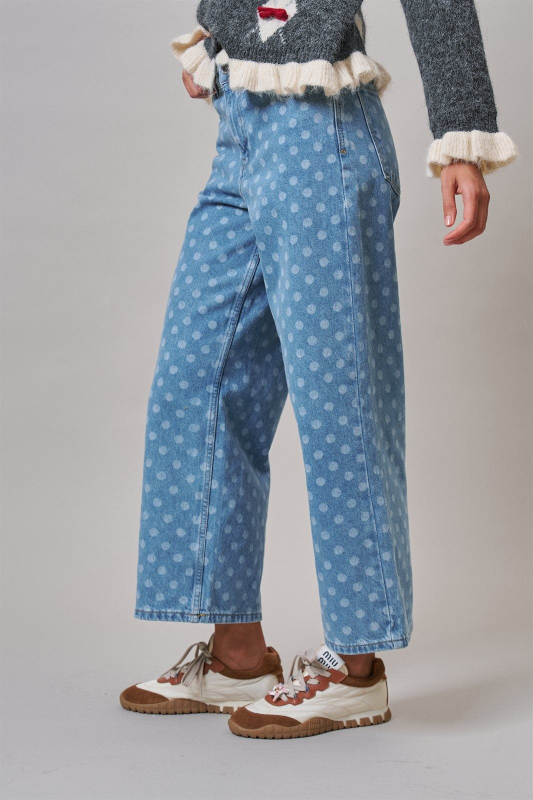 Polka Dot Wide Leg Barrel Jeans Light Wash Denim in Denim - Women's Casual Pants | Urban Daizy