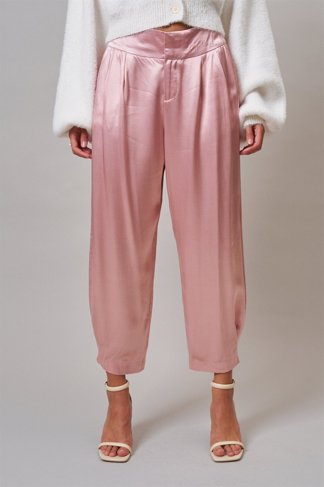 Satin Barrel Leg Trouser with Pleats in Mauve - Women's Dress Pants | Urban Daizy