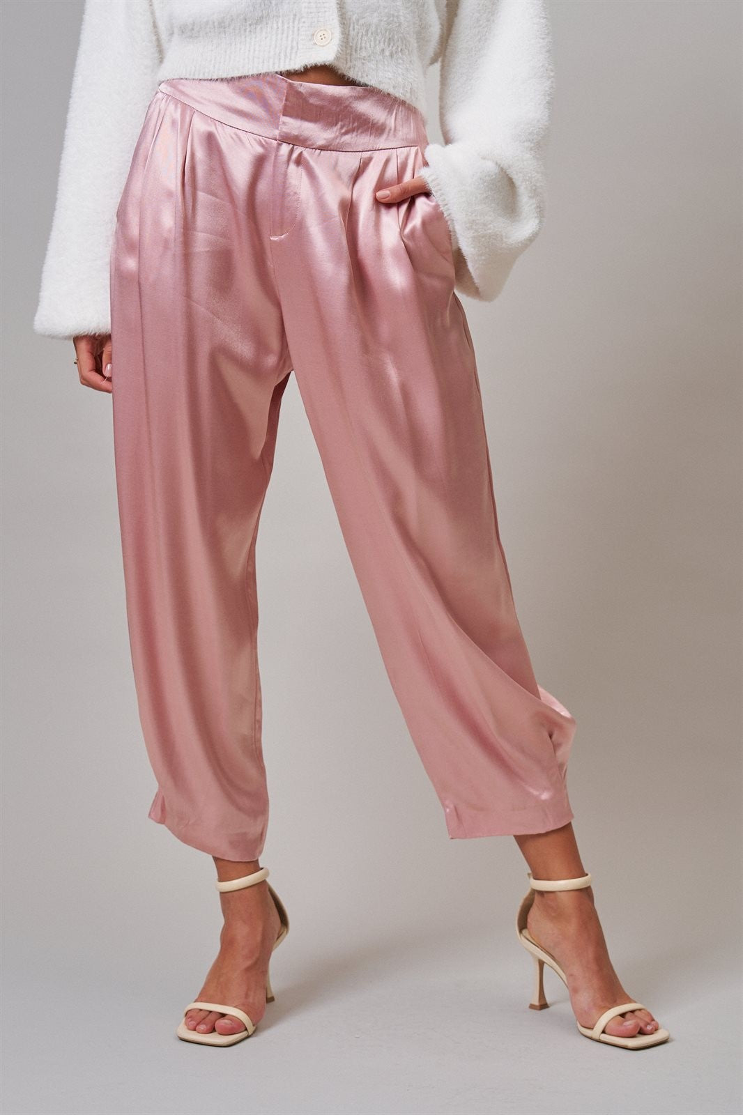 Satin Barrel Leg Trouser with Pleats in Mauve - Women's Dress Pants | Urban Daizy