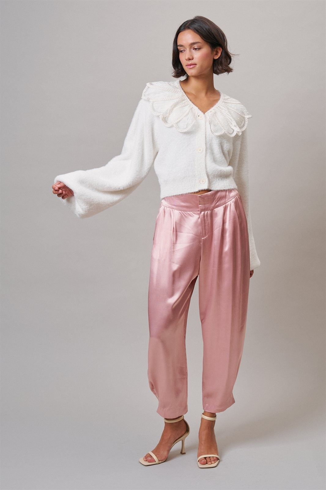 Satin Barrel Leg Trouser with Pleats in Mauve - Women's Dress Pants | Urban Daizy
