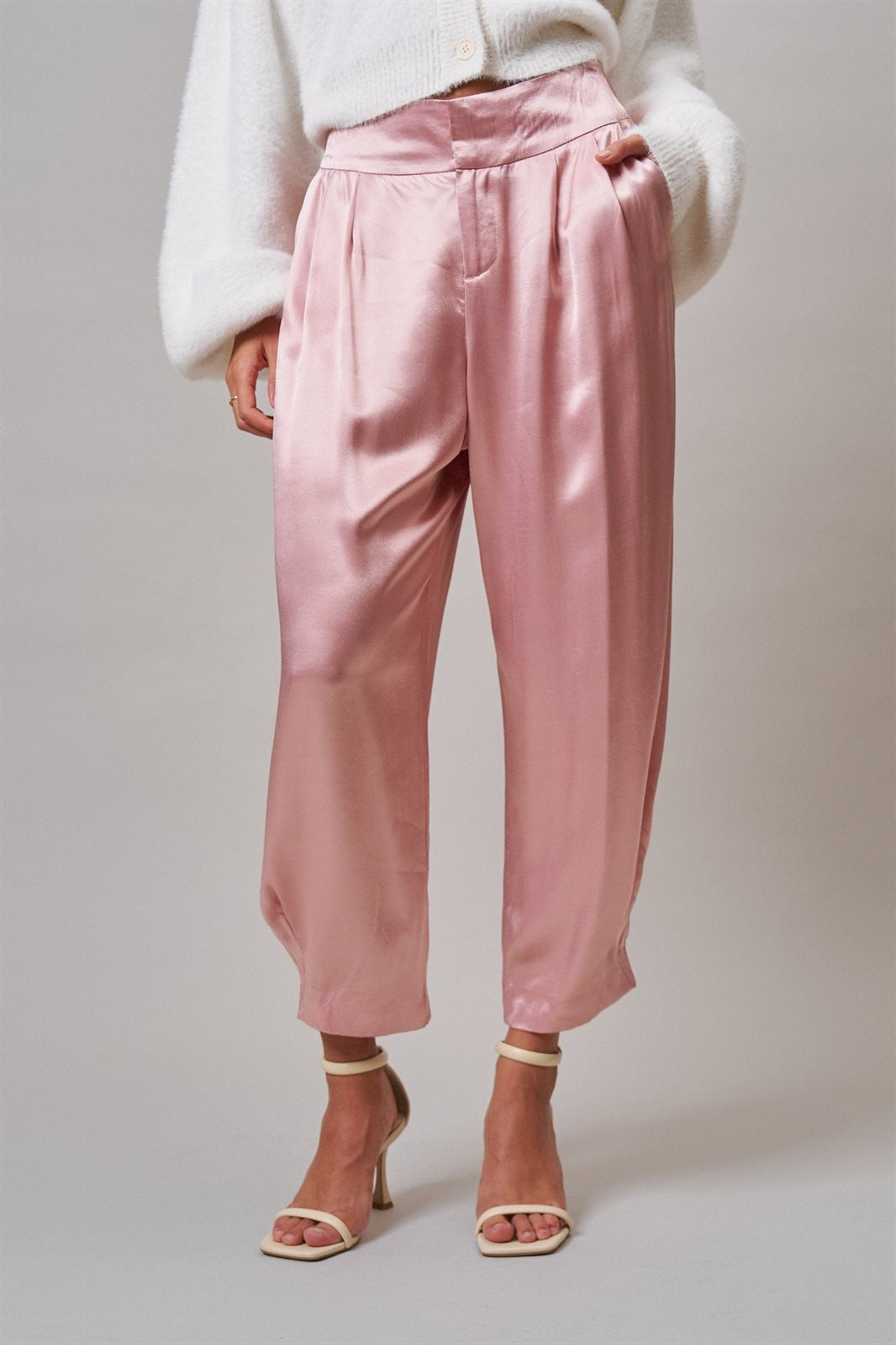 Satin Barrel Leg Trouser with Pleats in Mauve - Women's Dress Pants | Urban Daizy