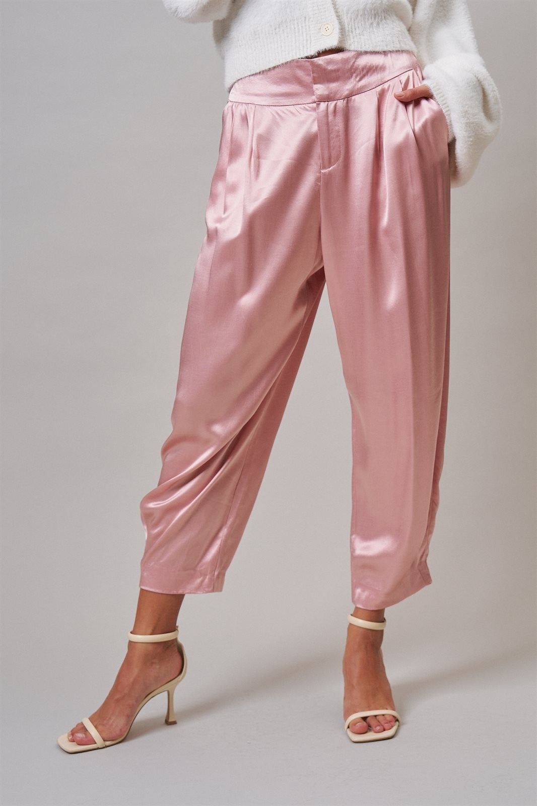 Satin Barrel Leg Trouser with Pleats in Mauve - Women's Dress Pants | Urban Daizy