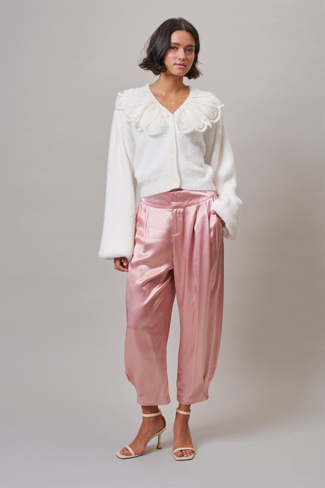 Satin Barrel Leg Trouser with Pleats in Mauve - Women's Dress Pants | Urban Daizy