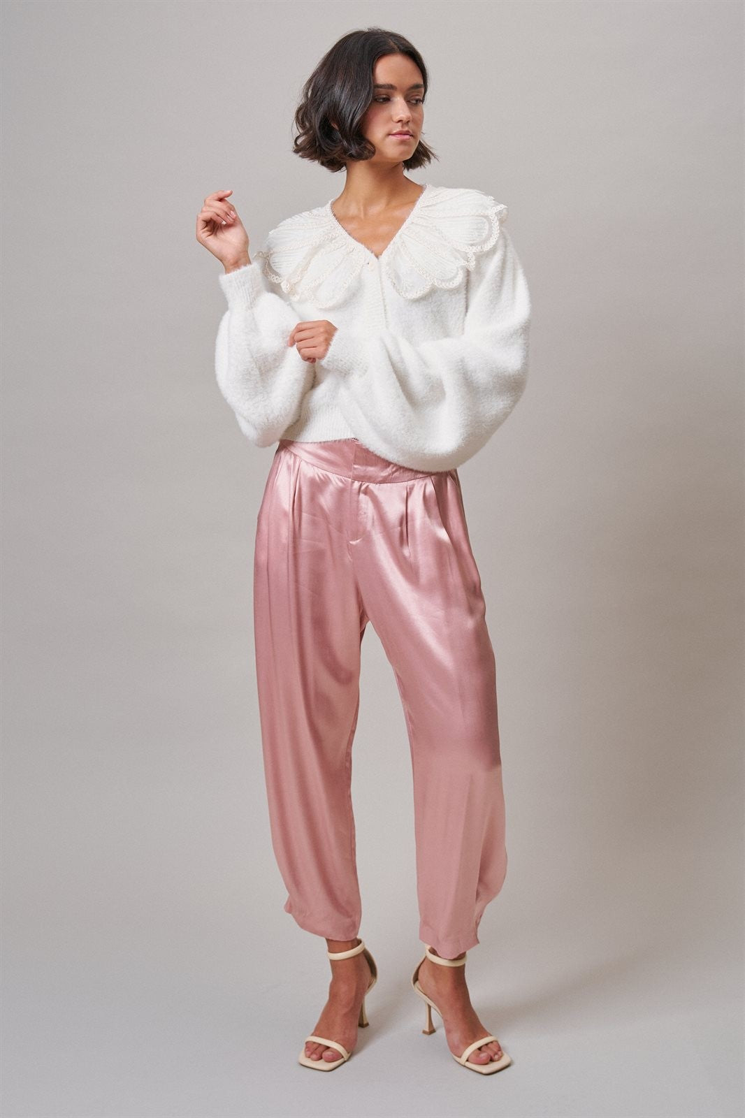 Satin Barrel Leg Trouser with Pleats in Mauve - Women's Dress Pants | Urban Daizy