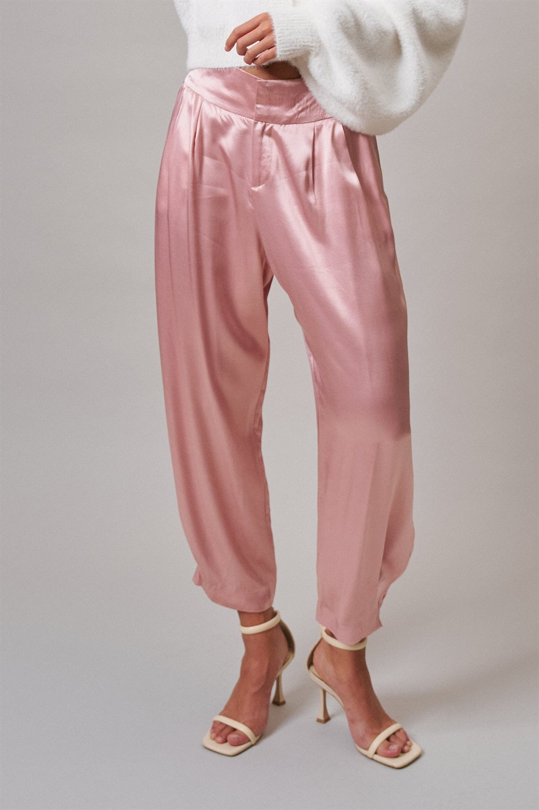 Satin Barrel Leg Trouser with Pleats in Mauve - Women's Dress Pants | Urban Daizy