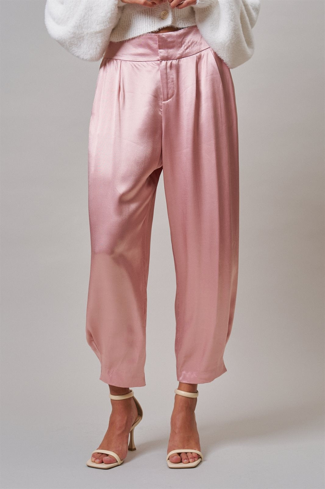 Satin Barrel Leg Trouser with Pleats in Mauve - Women's Dress Pants | Urban Daizy