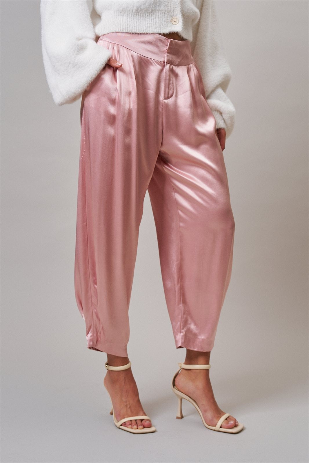 Satin Barrel Leg Trouser with Pleats in Mauve - Women's Dress Pants | Urban Daizy