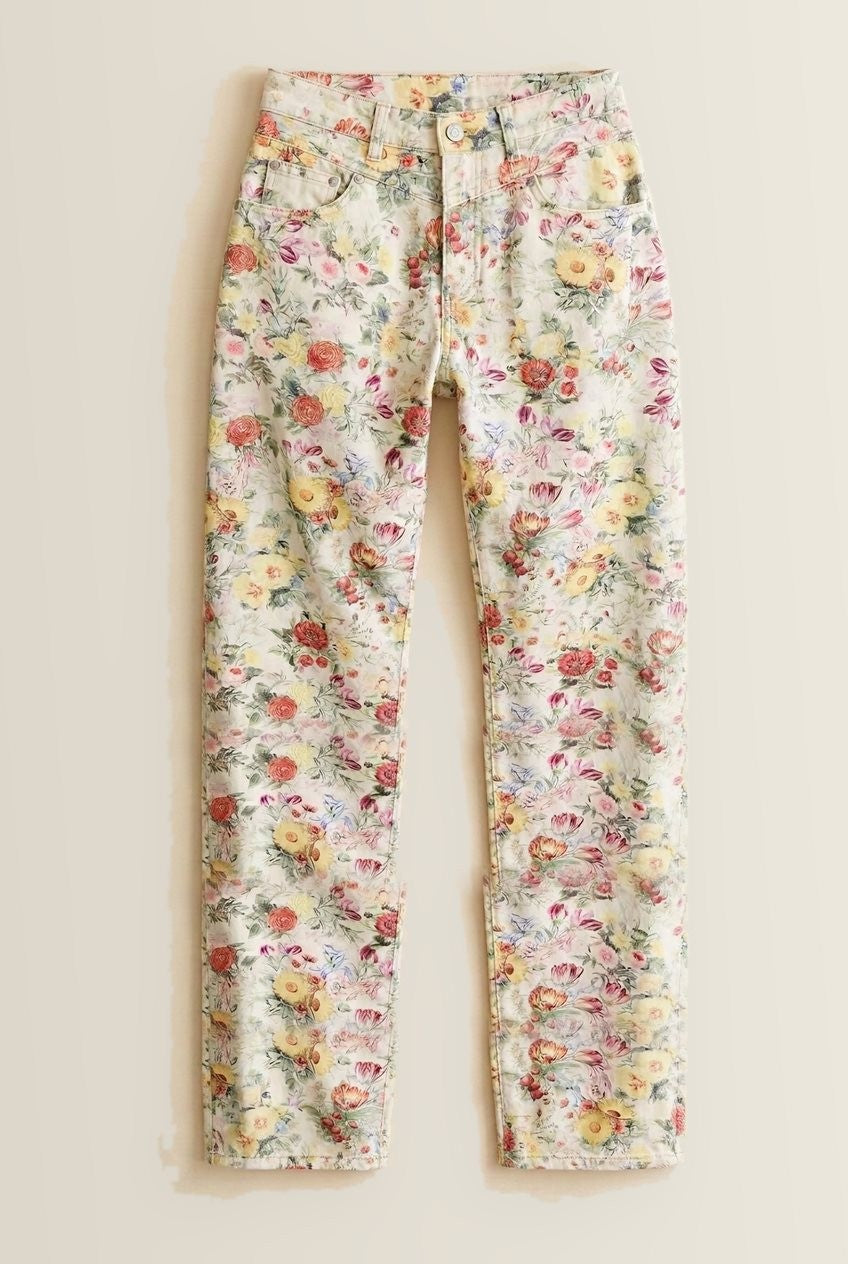 Floral Print Straight Leg Denim Pants in Ivory Multi - Women's Casual Pants | Urban Daizy