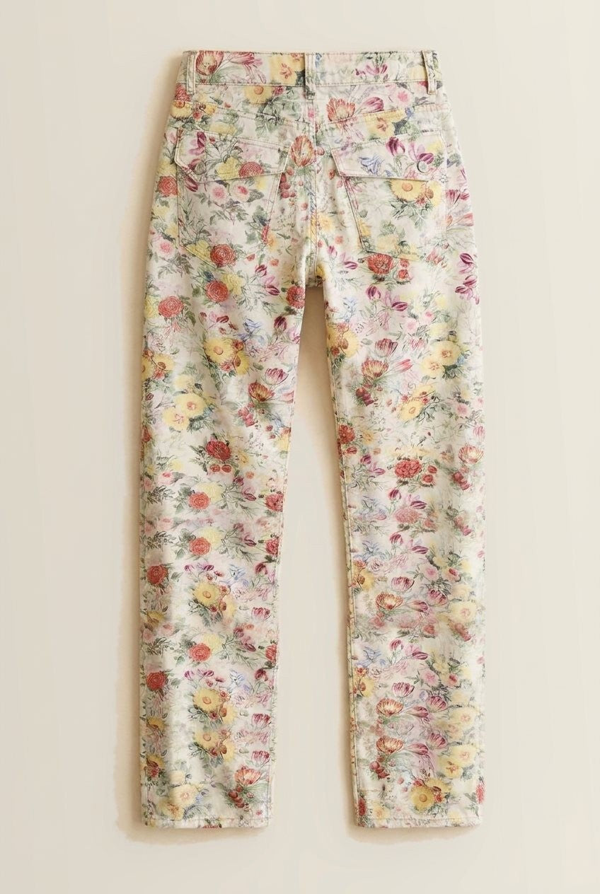 Floral Print Straight Leg Denim Pants in Ivory Multi - Women's Casual Pants | Urban Daizy