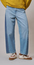 Two Tone Barrel Wide Leg Jeans in Cotton Denim in Denim Blue - Women's Barrel Jeans | Urban Daizy