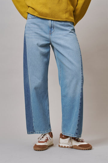 Two Tone Barrel Wide Leg Jeans in Cotton Denim