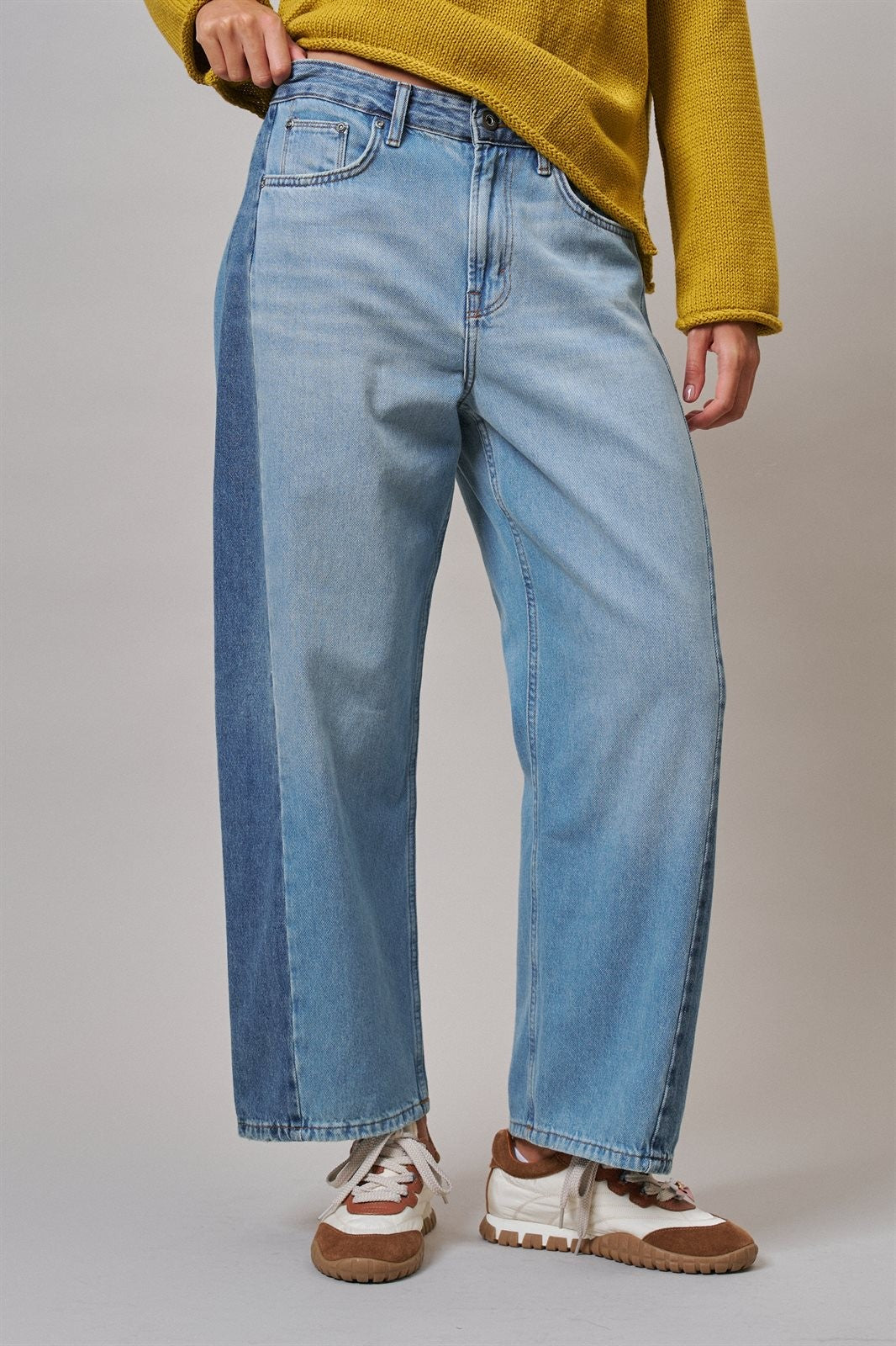 Two Tone Barrel Wide Leg Jeans in Cotton Denim in Denim Blue - Women's Barrel Jeans | Urban Daizy