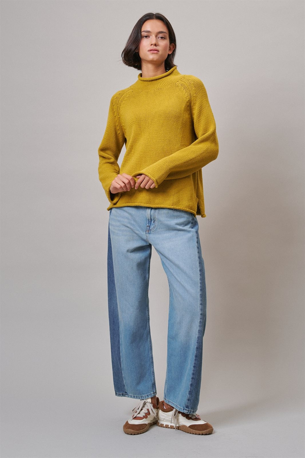 Two Tone Barrel Wide Leg Jeans in Cotton Denim in Denim Blue - Women's Barrel Jeans | Urban Daizy