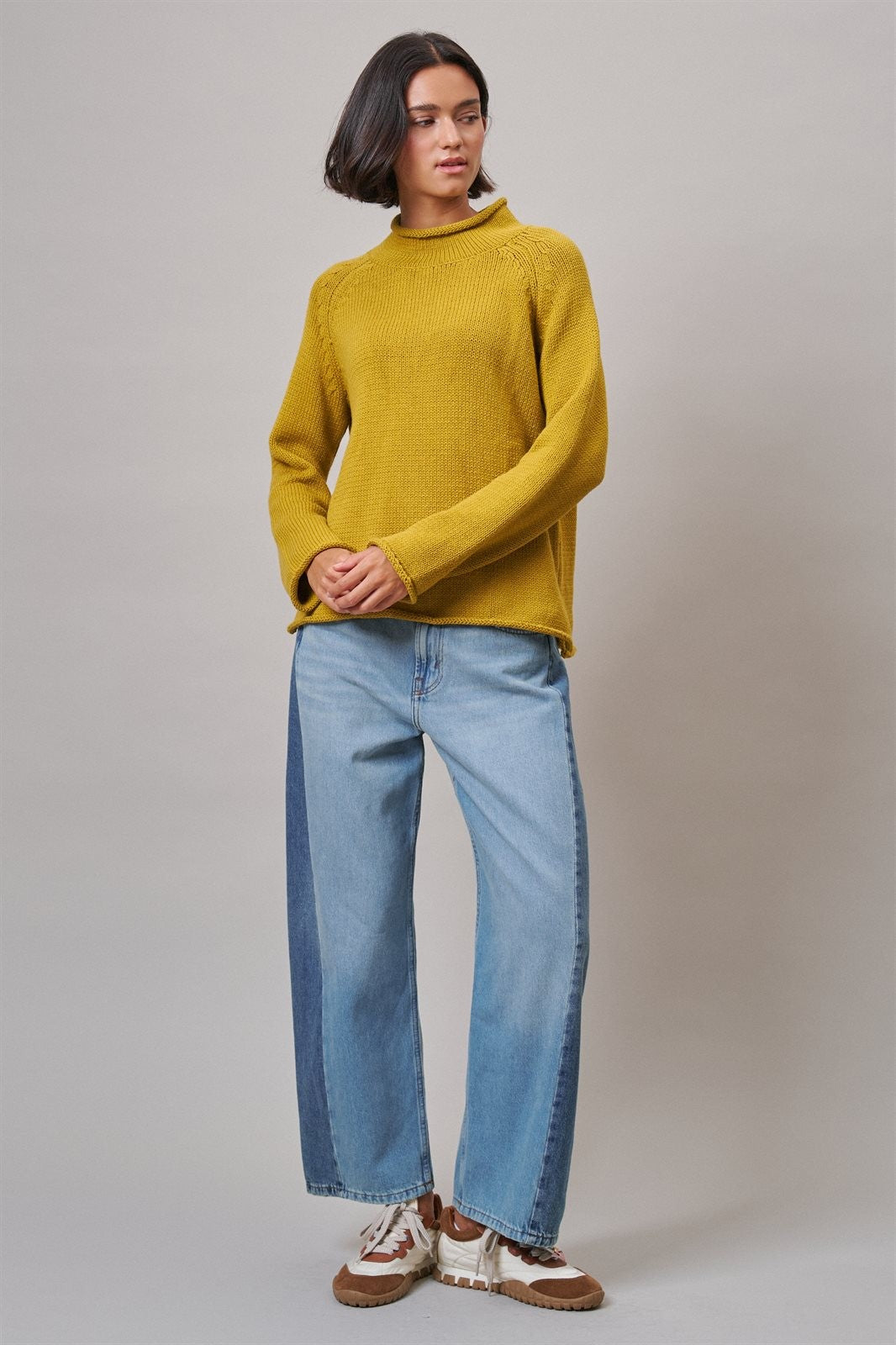 Two Tone Barrel Wide Leg Jeans in Cotton Denim in Denim Blue - Women's Barrel Jeans | Urban Daizy