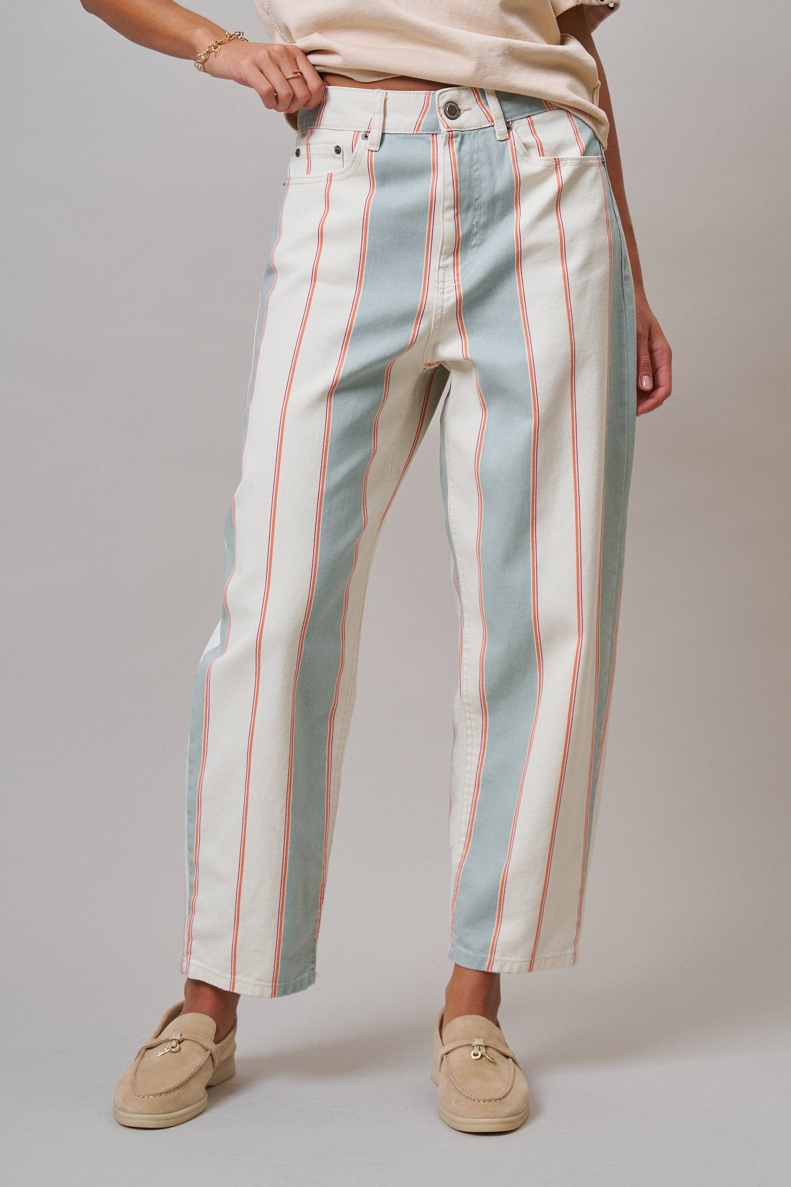 Sunset Stripe Straight Leg Pants in Ivory Sage - Women's Casual Pants | Urban Daizy