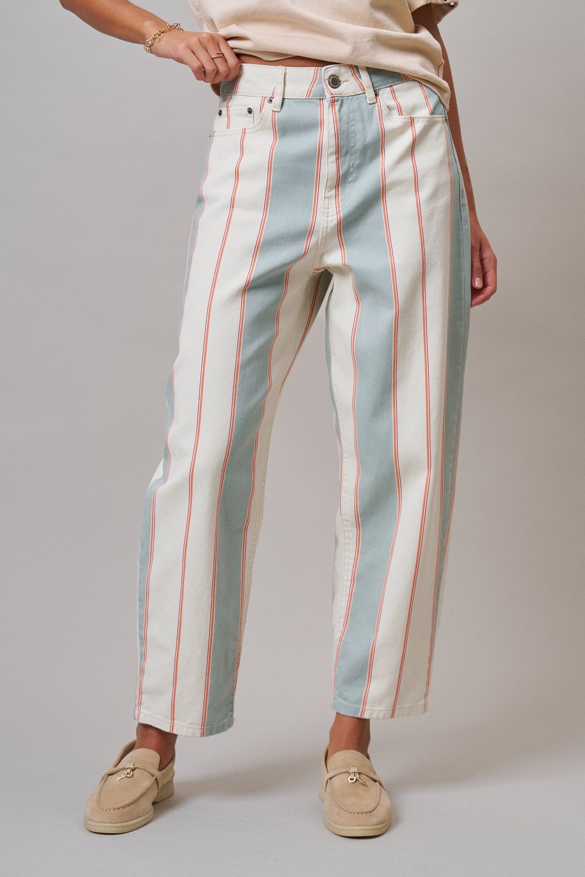 Sunset Stripe Straight Leg Pants in Ivory Sage - Women's Casual Pants | Urban Daizy
