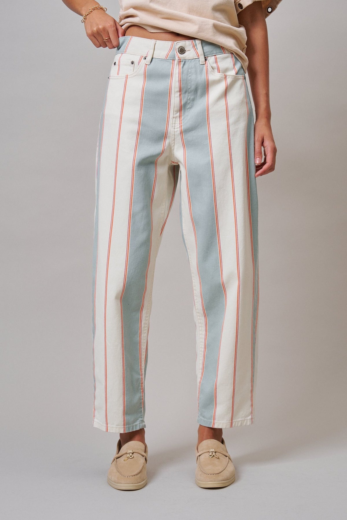 Sunset Stripe Straight Leg Pants in Ivory Sage - Women's Casual Pants | Urban Daizy