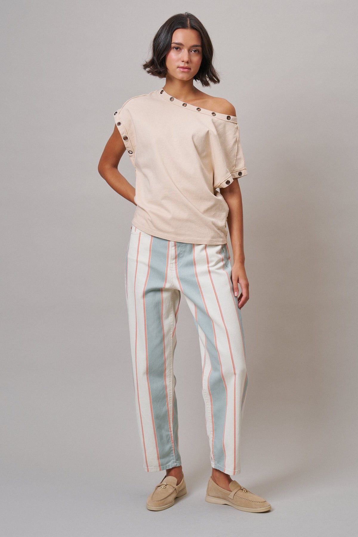 Sunset Stripe Straight Leg Pants in Ivory Sage - Women's Casual Pants | Urban Daizy