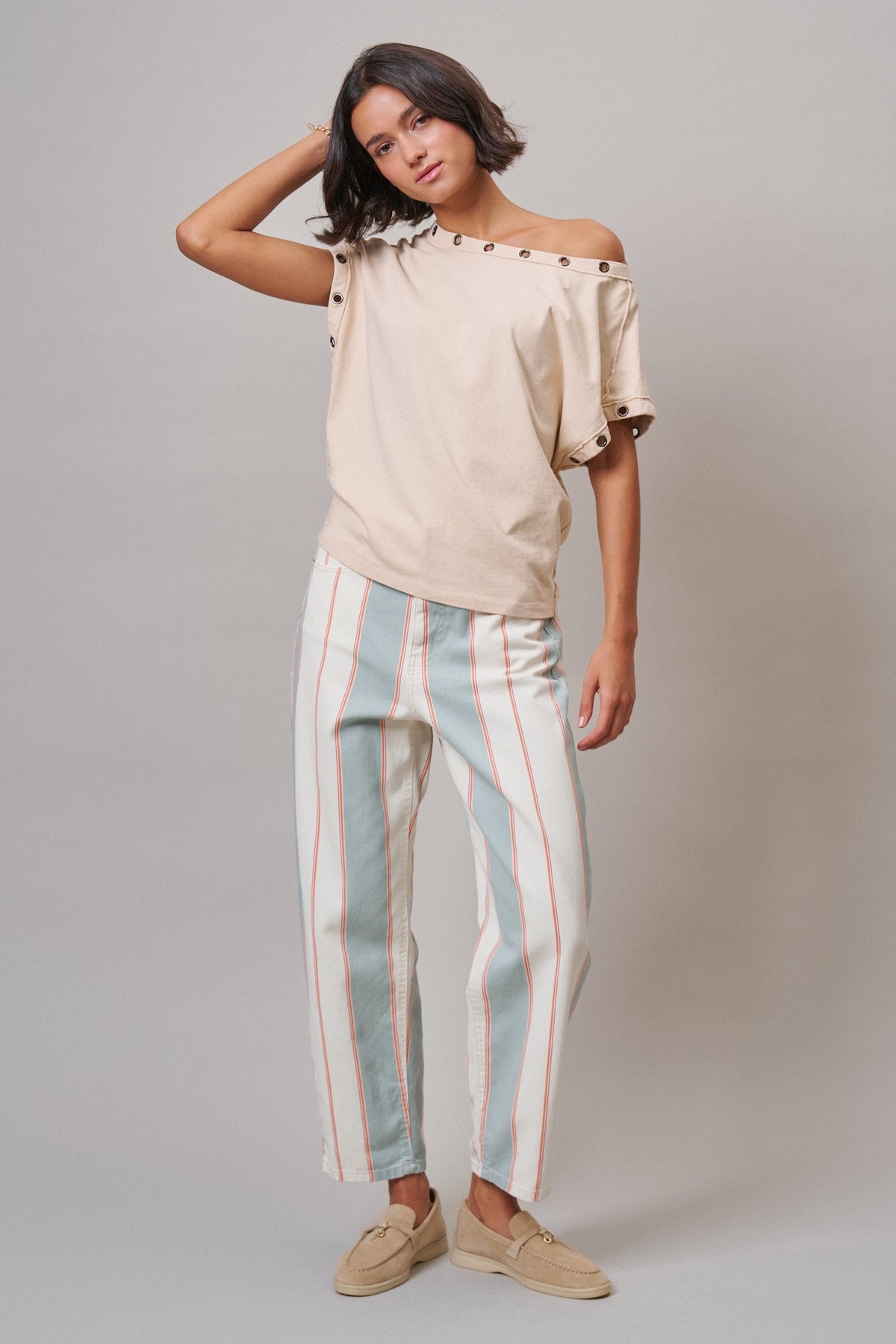 Sunset Stripe Straight Leg Pants in Ivory Sage - Women's Casual Pants | Urban Daizy