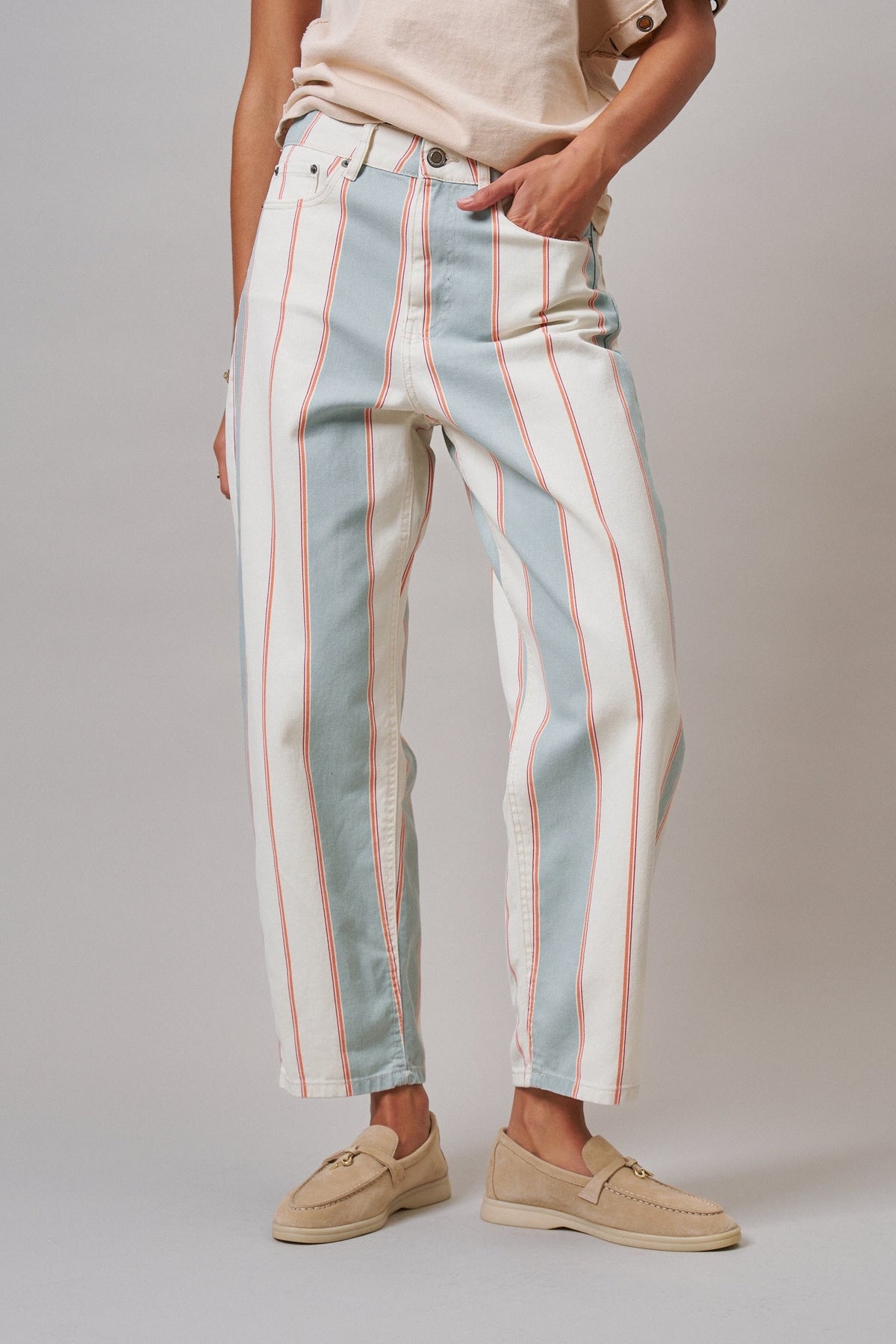 Sunset Stripe Straight Leg Pants in Ivory Sage - Women's Casual Pants | Urban Daizy