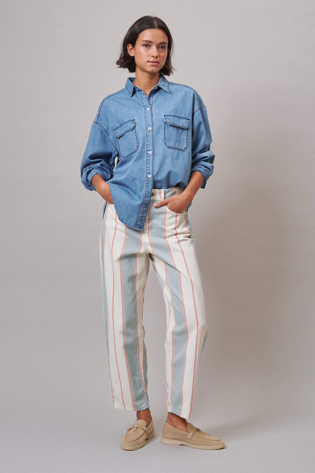 Sunset Stripe Straight Leg Pants in Ivory Sage - Women's Casual Pants | Urban Daizy