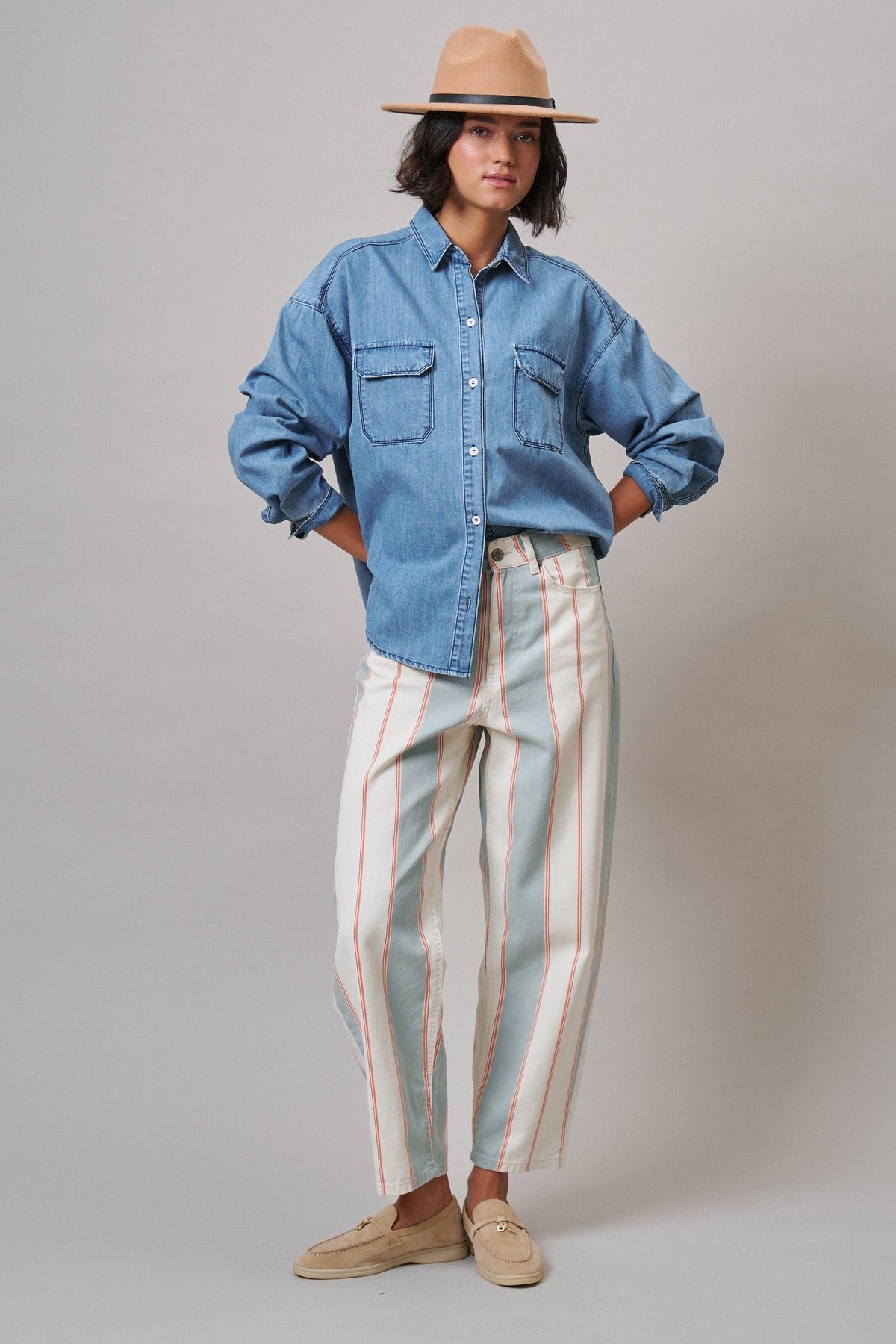 Sunset Stripe Straight Leg Pants in Ivory Sage - Women's Casual Pants | Urban Daizy