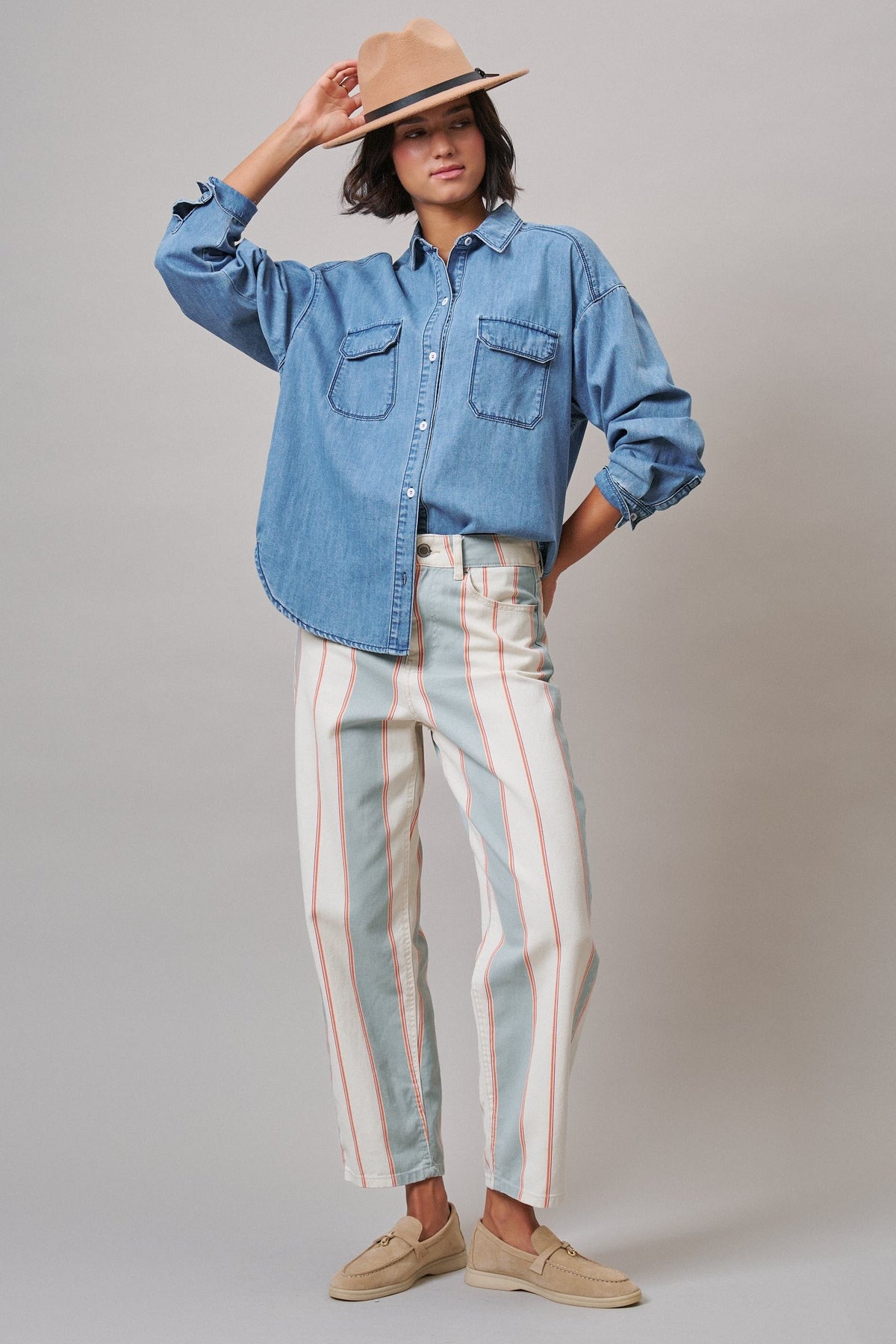 Sunset Stripe Straight Leg Pants in Ivory Sage - Women's Casual Pants | Urban Daizy