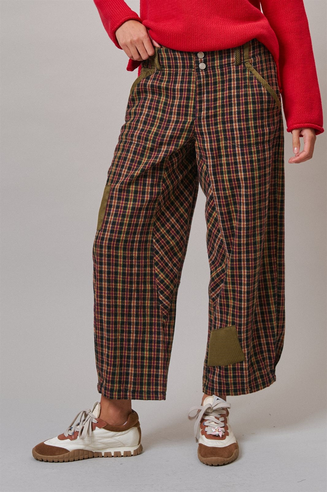 Woodshop Plaid Barrel Trousers in Black Multi - Women's Casual Pants | Urban Daizy