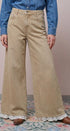 Wide Leg Lace Hem Washed Denim Pant in Taupe	 - Women's Casual Pants | Urban Daizy