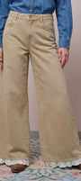 Wide Leg Lace Hem Washed Denim Pant in Taupe	 - Women's Casual Pants | Urban Daizy