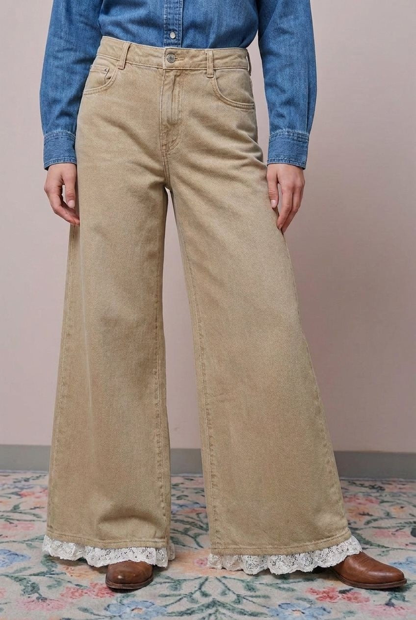 Wide Leg Lace Hem Washed Denim Pant in Taupe	 - Women's Casual Pants | Urban Daizy