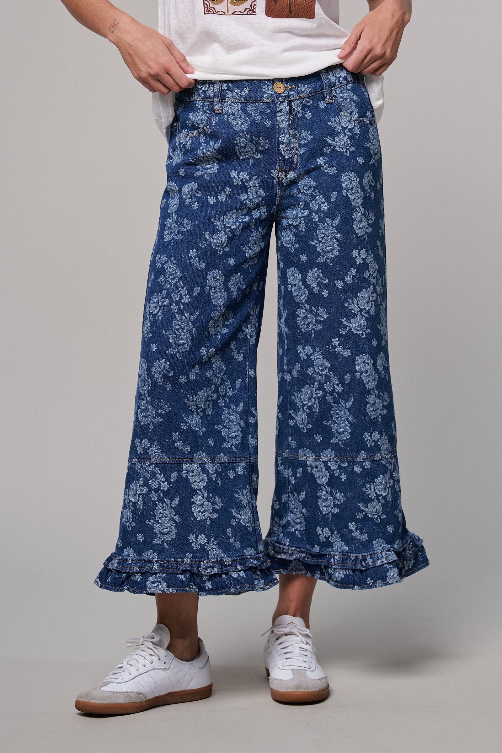 Rose Bloom Ruffle Denim Pants in Denim Blue - Women's Casual Pants | Urban Daizy