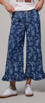 Rose Bloom Ruffle Denim Pants in Denim Blue - Women's Casual Pants | Urban Daizy