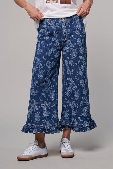 Rose Bloom Ruffle Denim Pants