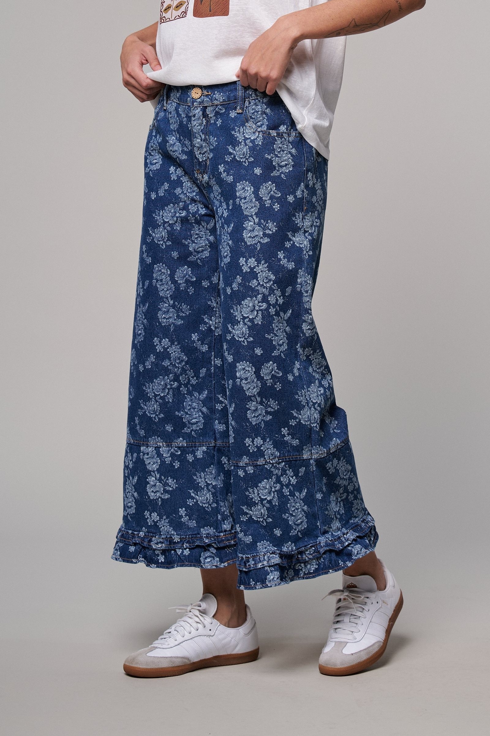 Rose Bloom Ruffle Denim Pants in Denim Blue - Women's Casual Pants | Urban Daizy