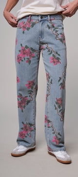 Rose Trellis Floral Wide Leg Jeans in Blue - Women's Casual Pants | Urban Daizy