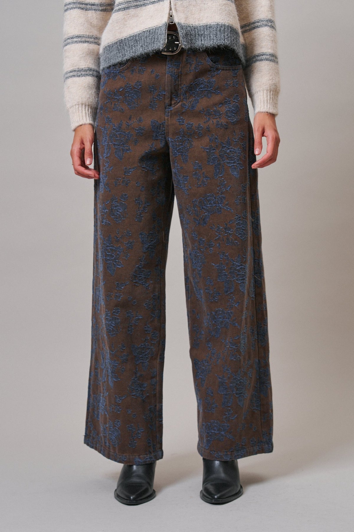 Wildflower Jacquard Wide Leg Pants in Brown - Women's Casual Pants | Urban Daizy