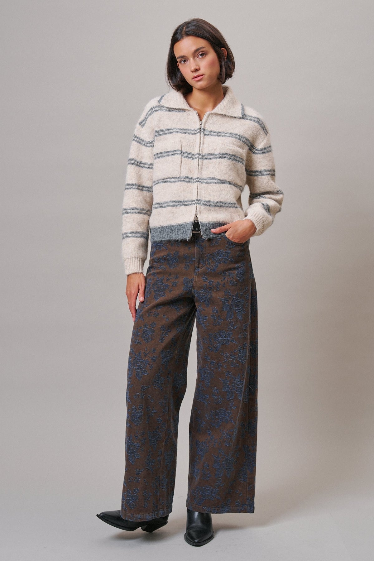 Wildflower Jacquard Wide Leg Pants in Brown - Women's Casual Pants | Urban Daizy