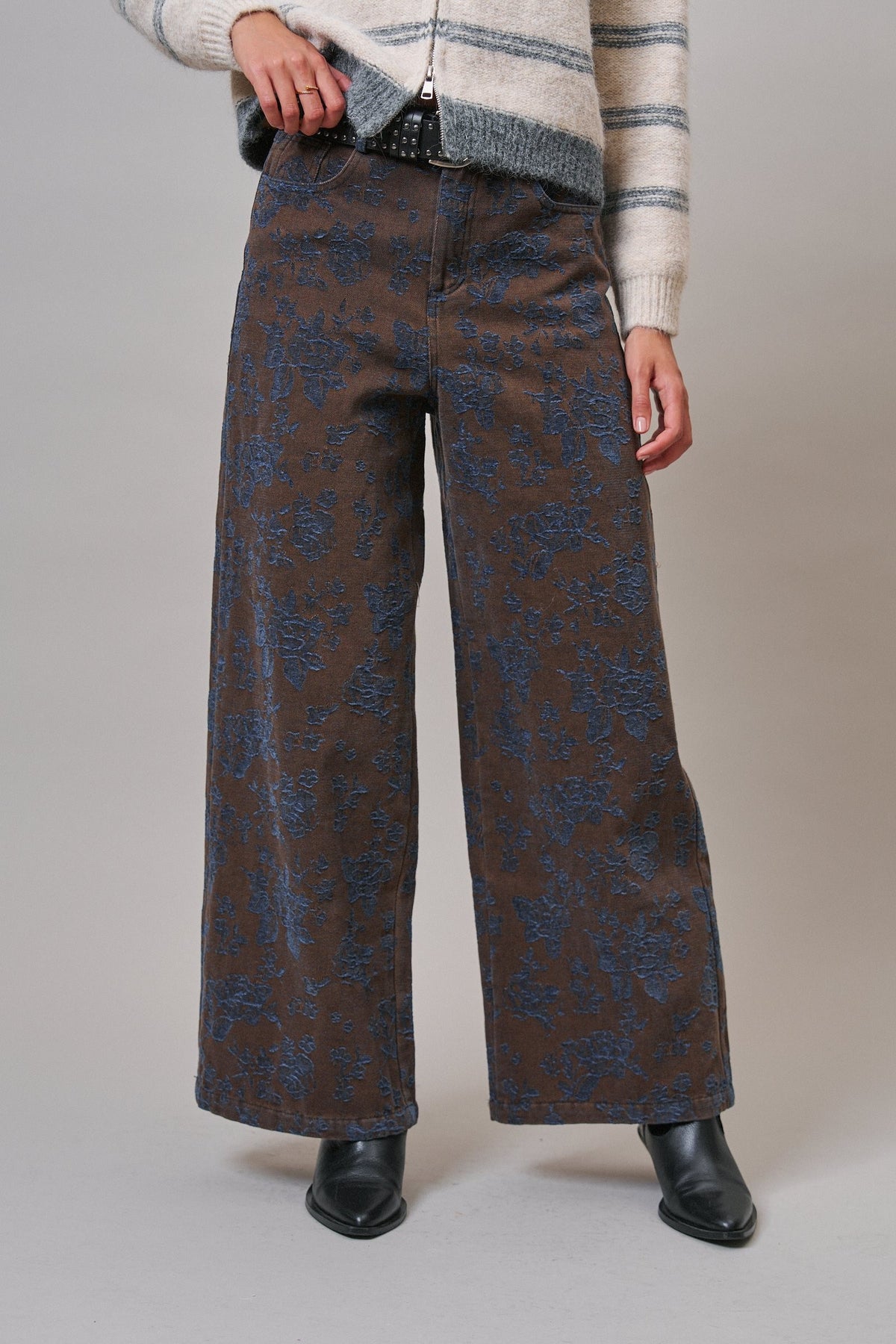Wildflower Jacquard Wide Leg Pants in Brown - Women's Casual Pants | Urban Daizy