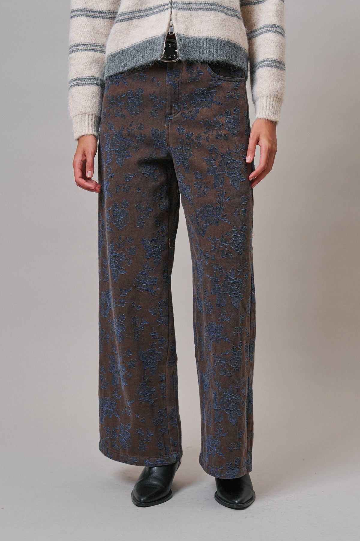 Wildflower Jacquard Wide Leg Pants in Brown - Women's Casual Pants | Urban Daizy