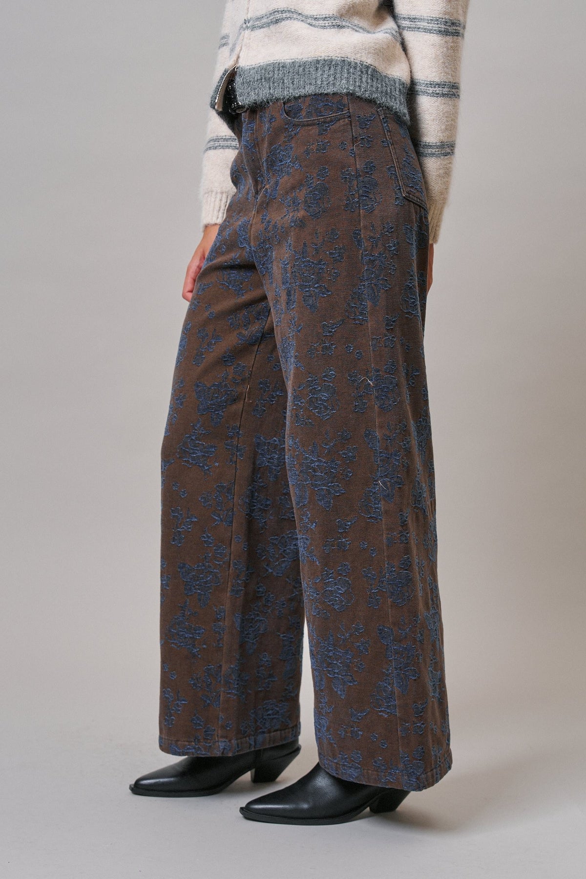 Wildflower Jacquard Wide Leg Pants in Brown - Women's Casual Pants | Urban Daizy