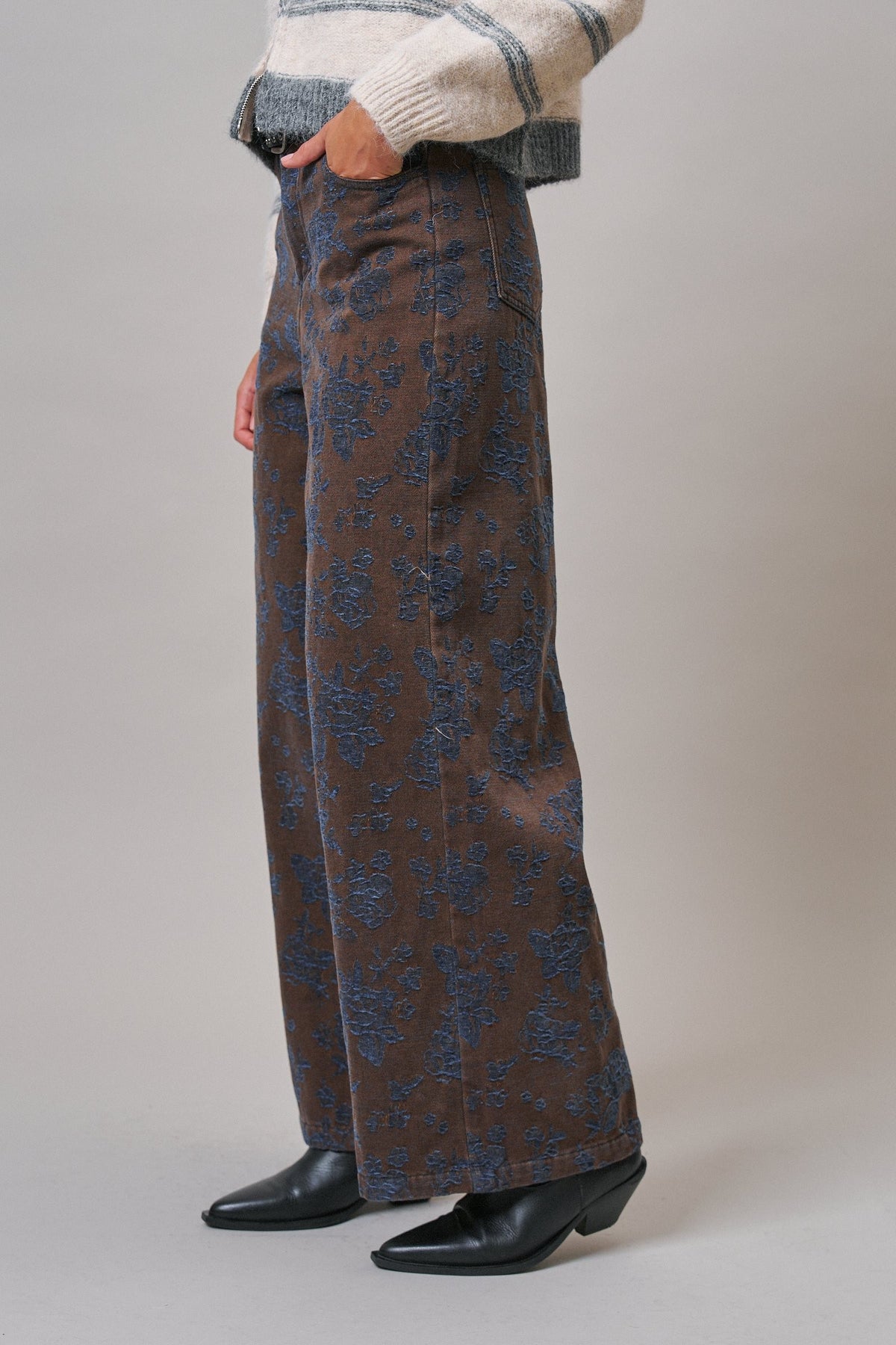 Wildflower Jacquard Wide Leg Pants in Brown - Women's Casual Pants | Urban Daizy