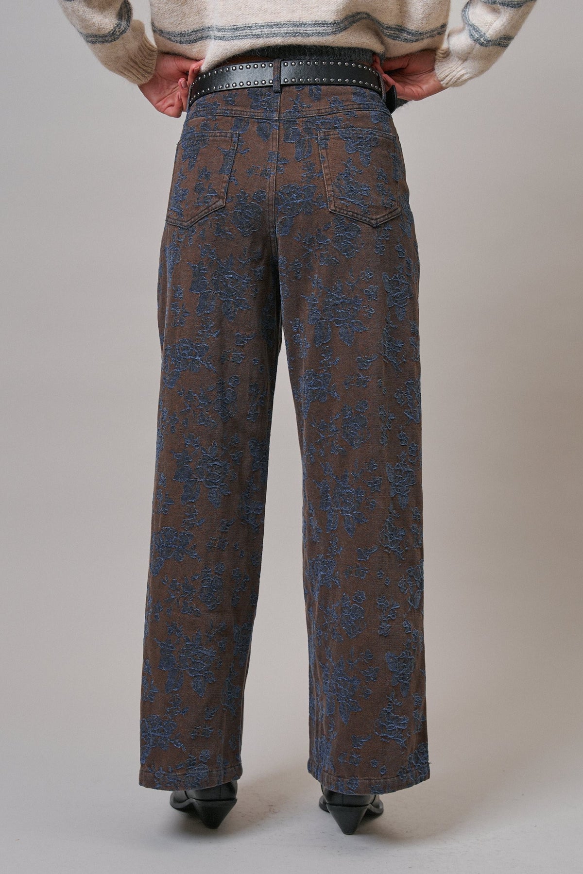 Wildflower Jacquard Wide Leg Pants in Brown - Women's Casual Pants | Urban Daizy
