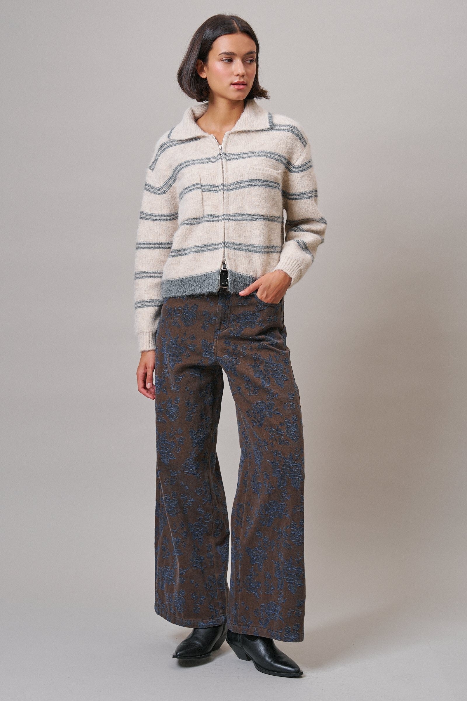 Wildflower Jacquard Wide Leg Pants in Brown - Women's Casual Pants | Urban Daizy
