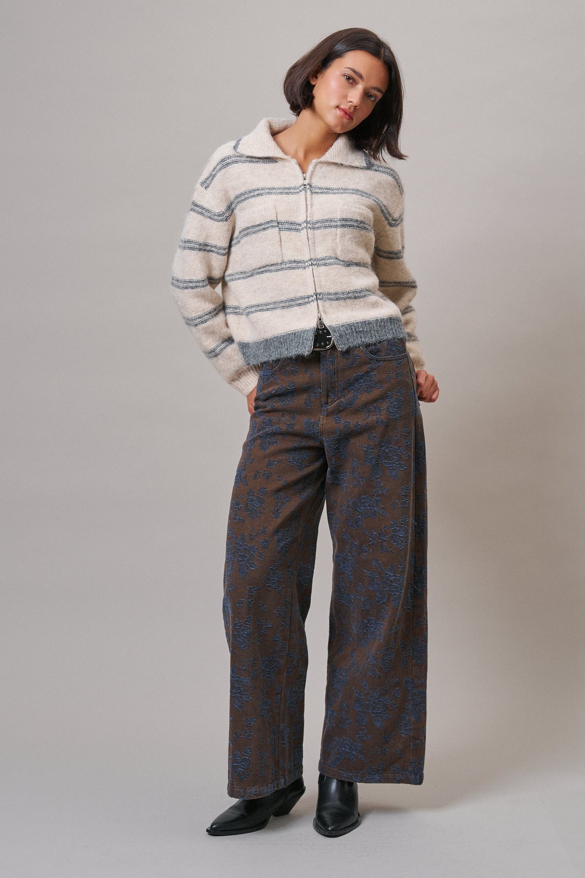 Wildflower Jacquard Wide Leg Pants in Brown - Women's Casual Pants | Urban Daizy