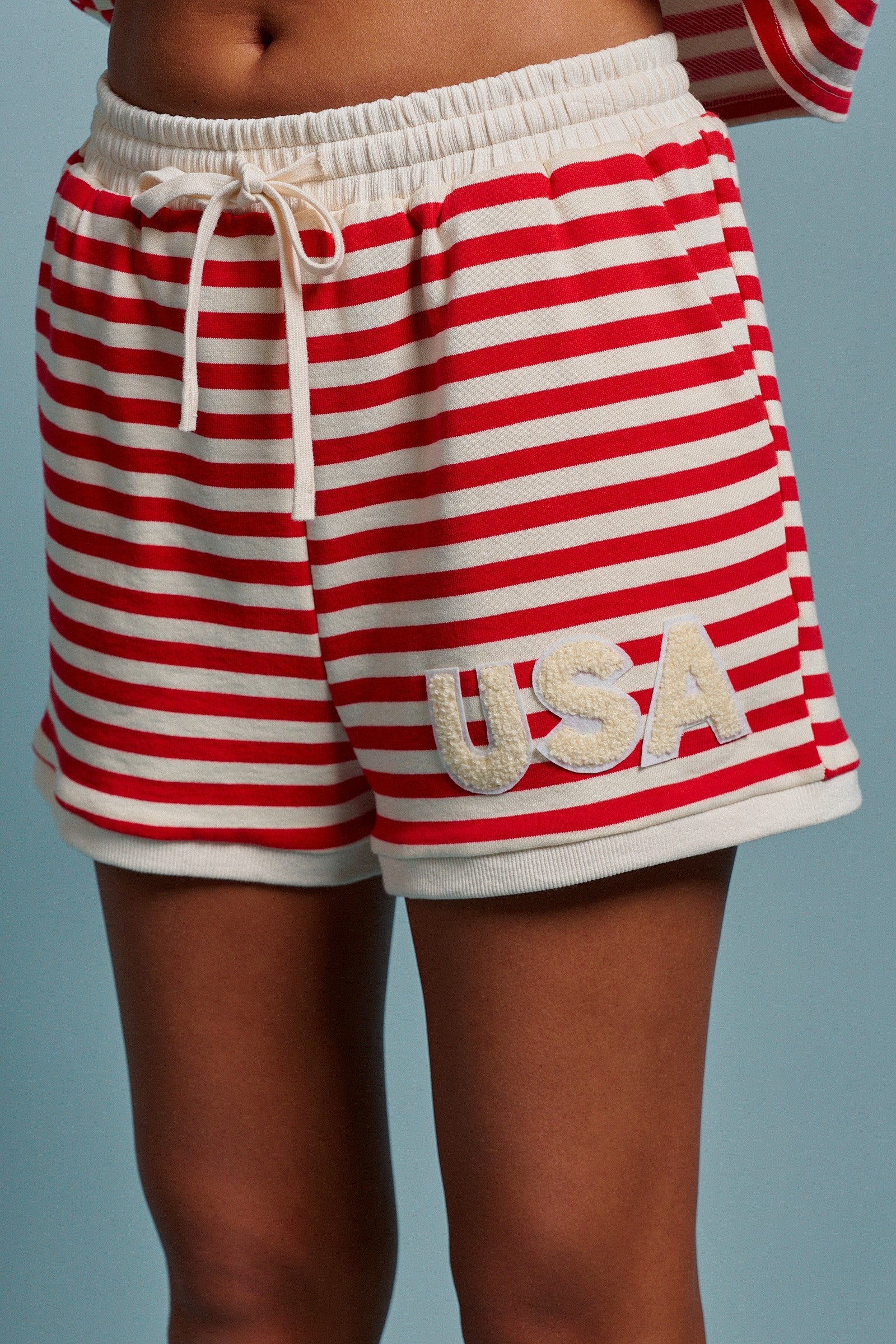 USA Striped French Terry Knit Shorts in Red Stripe - Women's Shorts | Urban Daizy