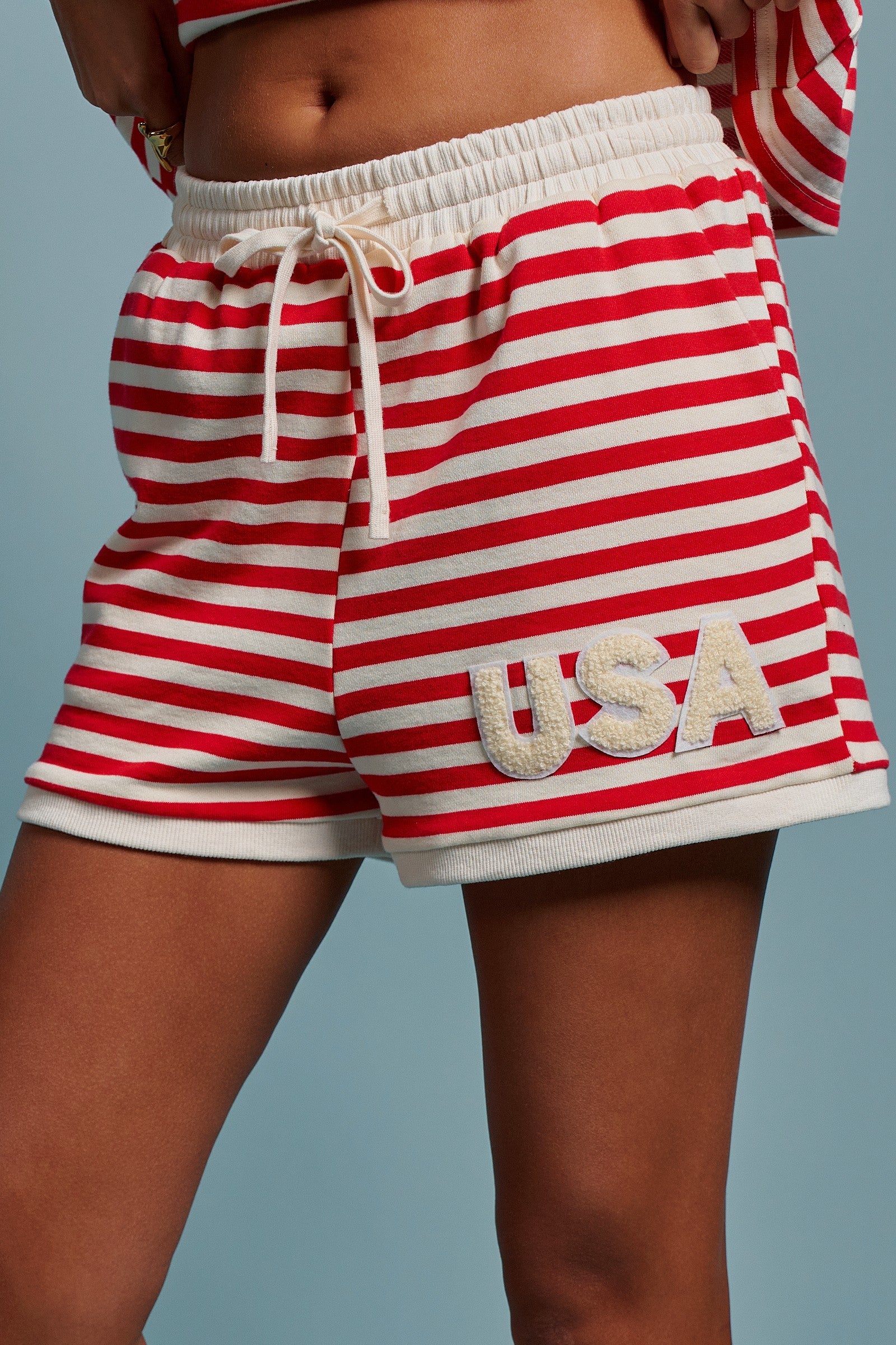 USA Striped French Terry Knit Shorts in Red Stripe - Women's Shorts | Urban Daizy