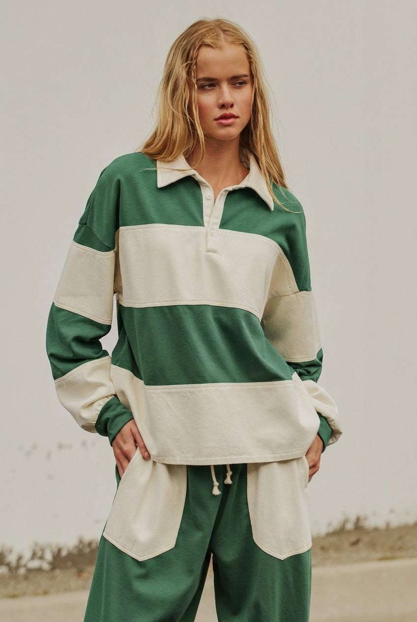 Color Block Rugby Polo Pullover Top in Green - Women's Shorts | Urban Daizy