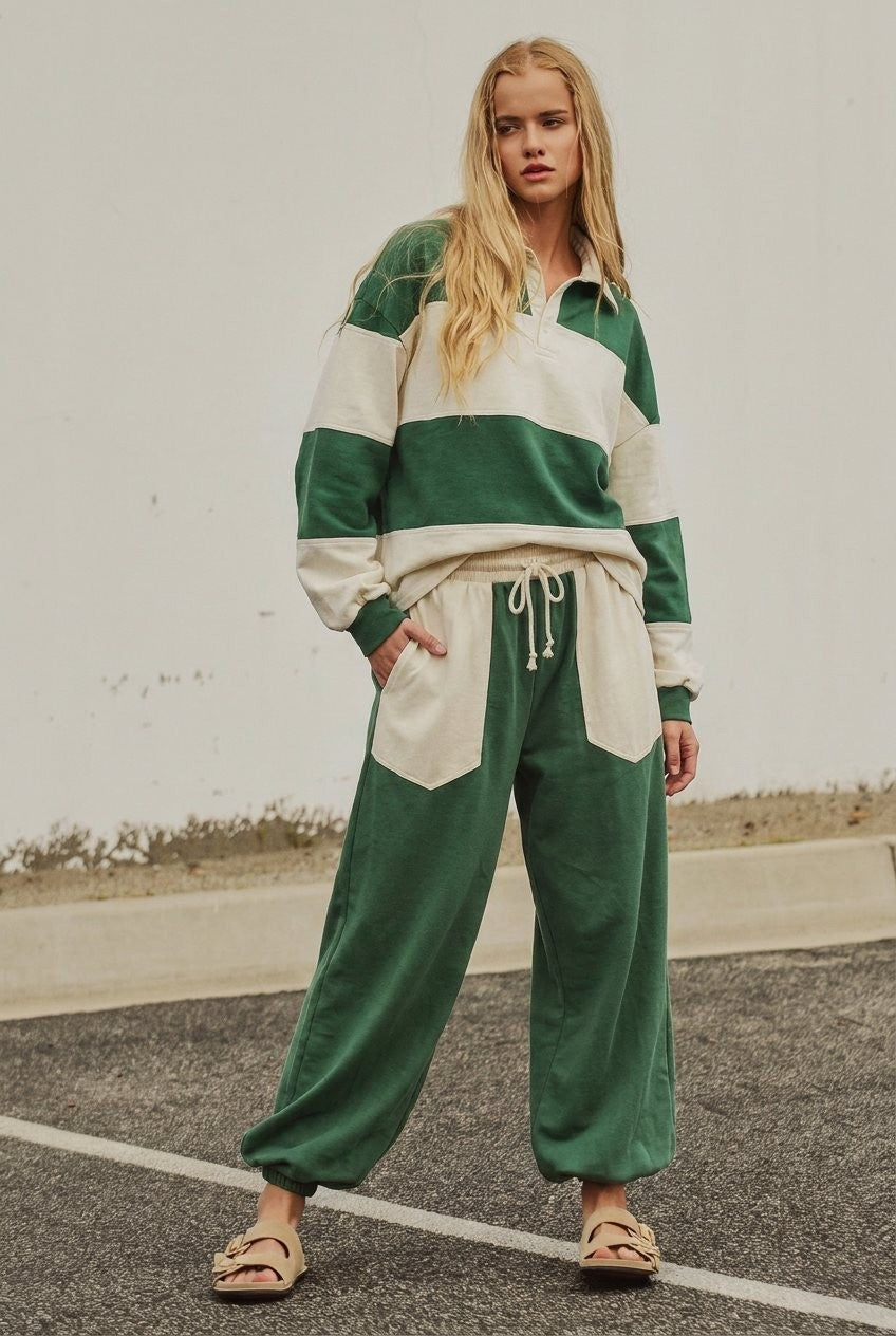 Color Block Rugby Polo Pullover Top in Green - Women's Shorts | Urban Daizy